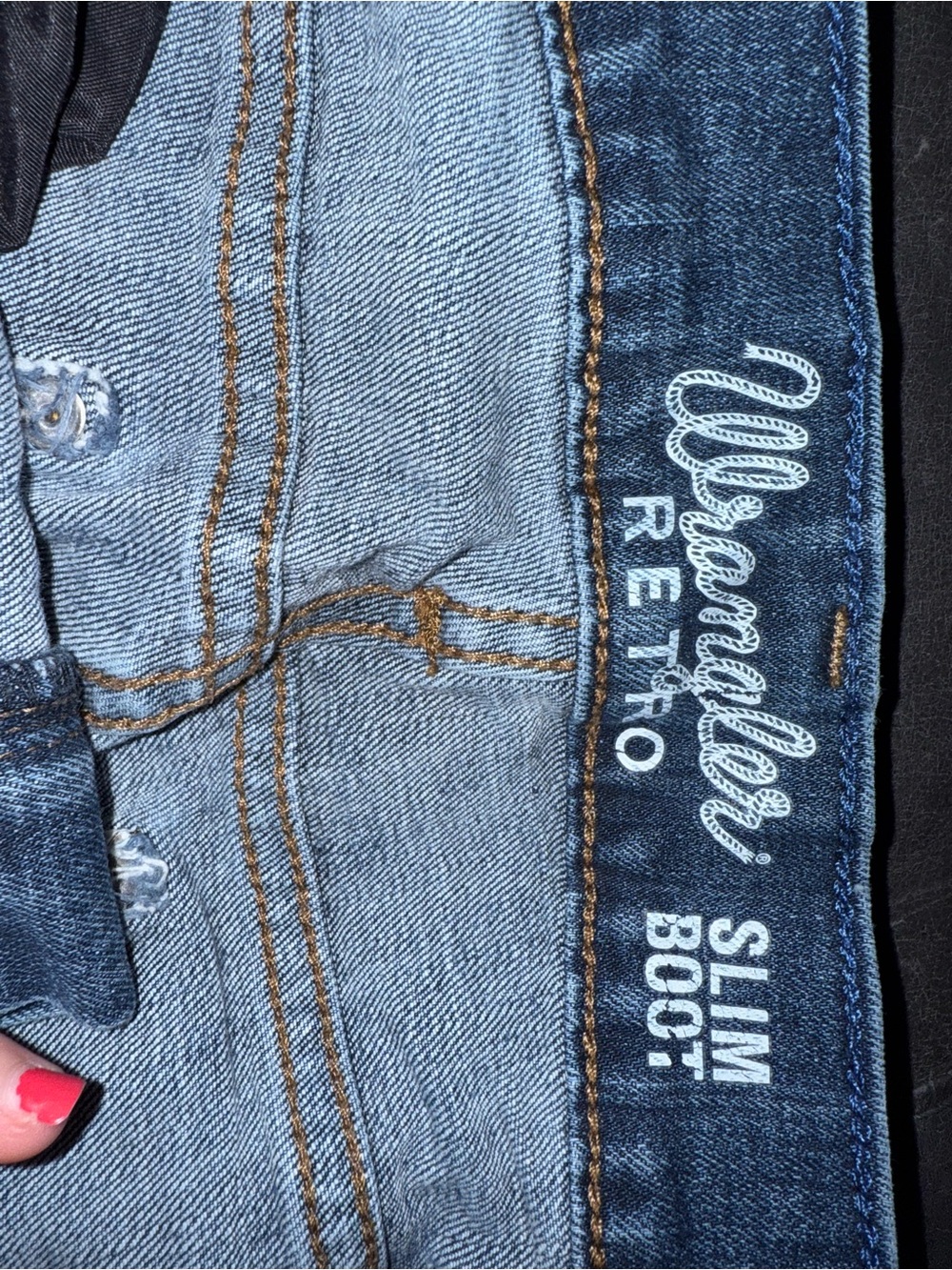 Wrangler Blue Denim Jeans with Leather Patch and Contrast Stitching - Picture 4 of 5
